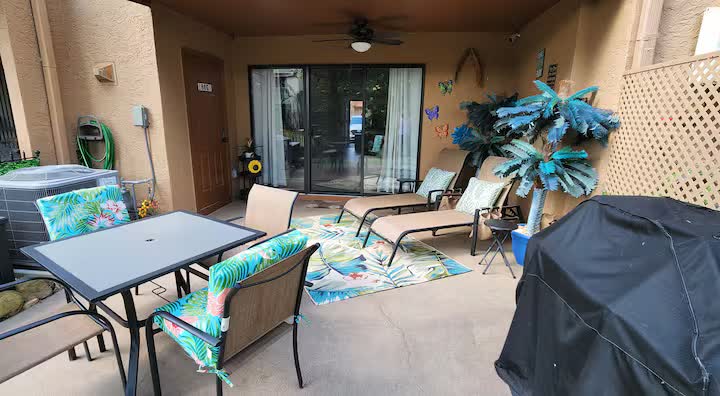 Covered patio with lounge chairs, dining set, and tropical decor