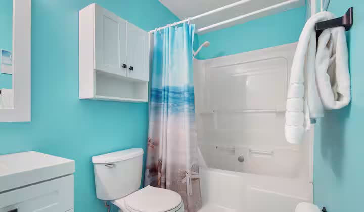 Turquoise bathroom with tub and shower combo